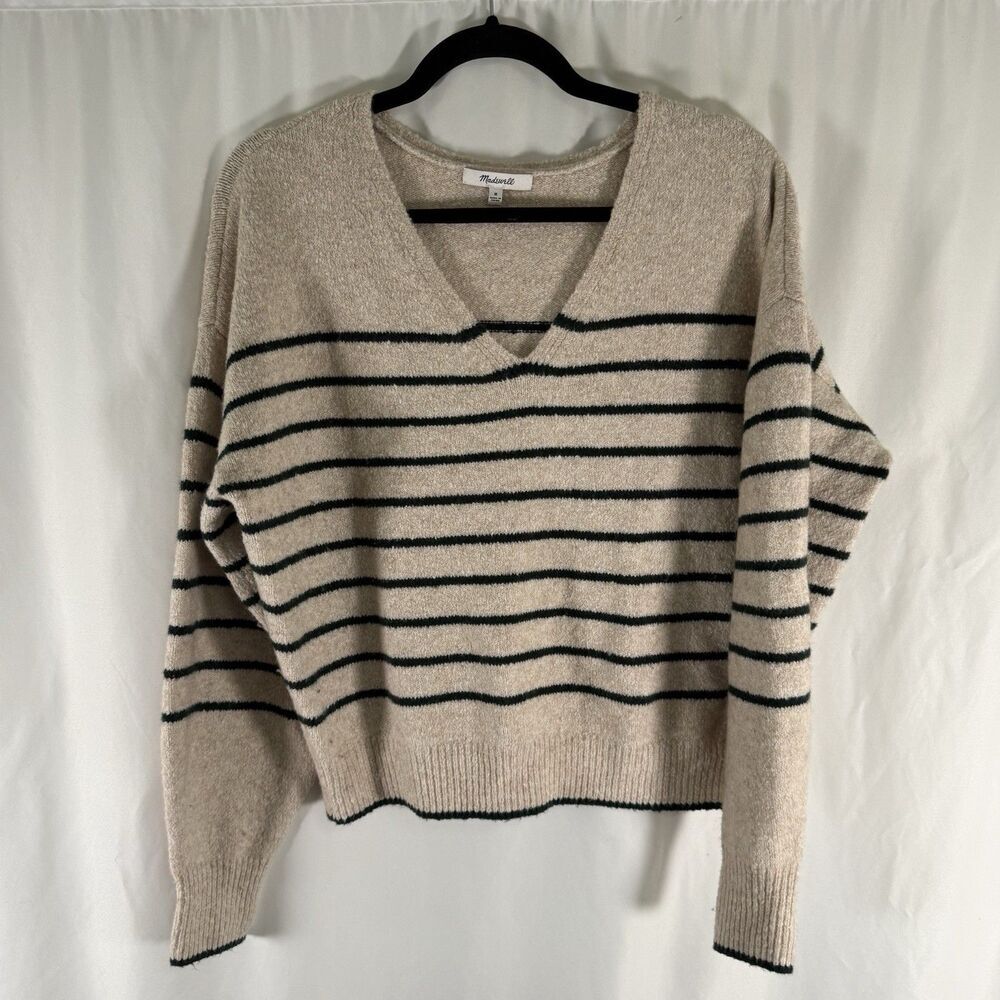 Madewell Wool Blend Sweater Women's Medium Biege Striped Vneck Pullover